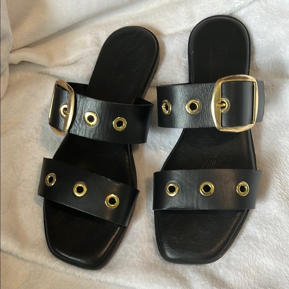Black and Gold Slide Sandals with Eyelet Detail